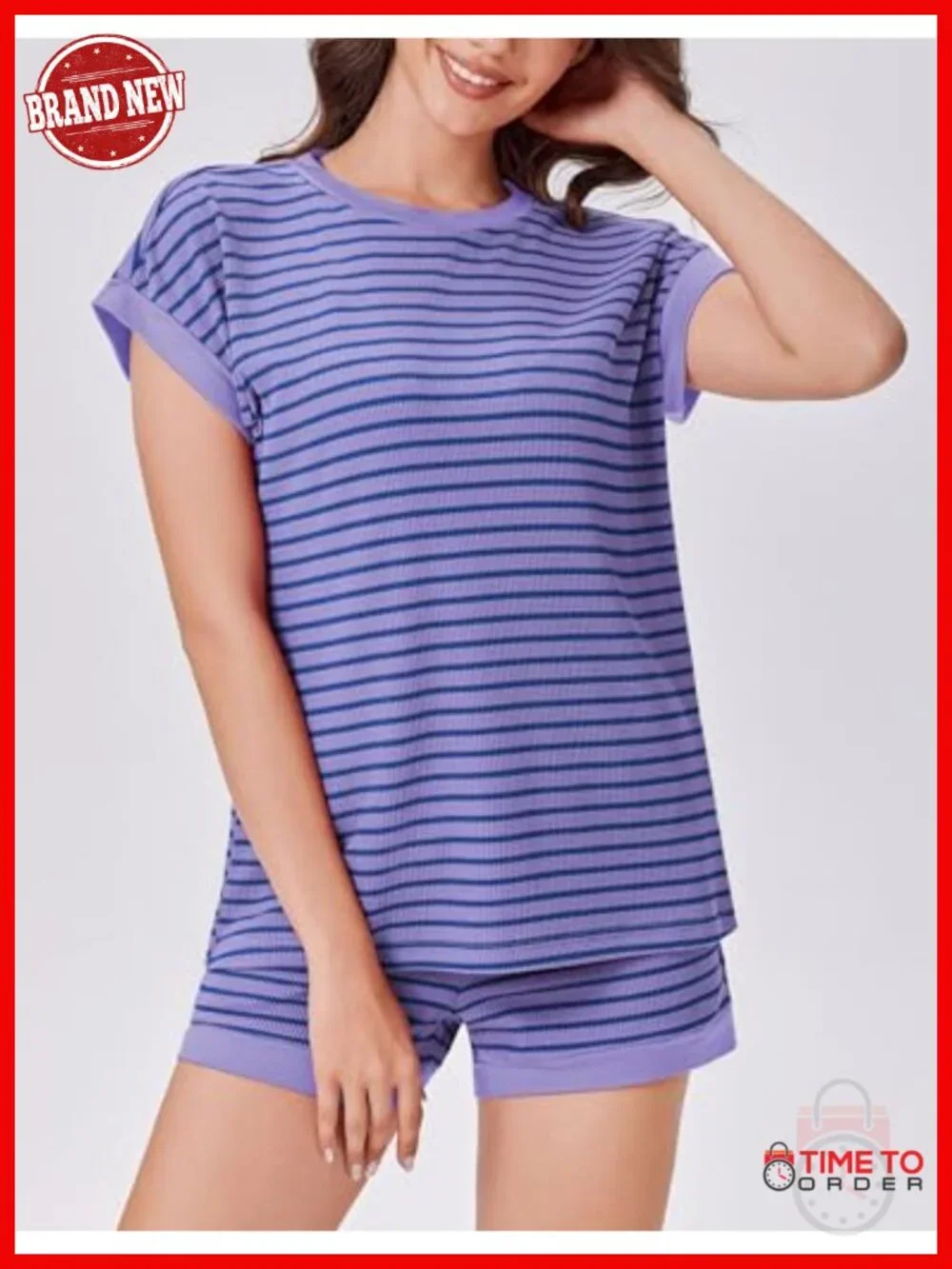 Waffle Knit 2 Piece Lounge Set - Striped T Shirt and Shorts Matching Set